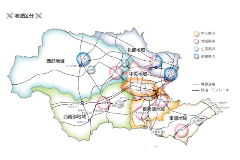  6 地域に区分される「八王子ビジョン 2022」（引用：「都市づくりビジョン八王子（第2次八王子市都市計画マスタープラン）」